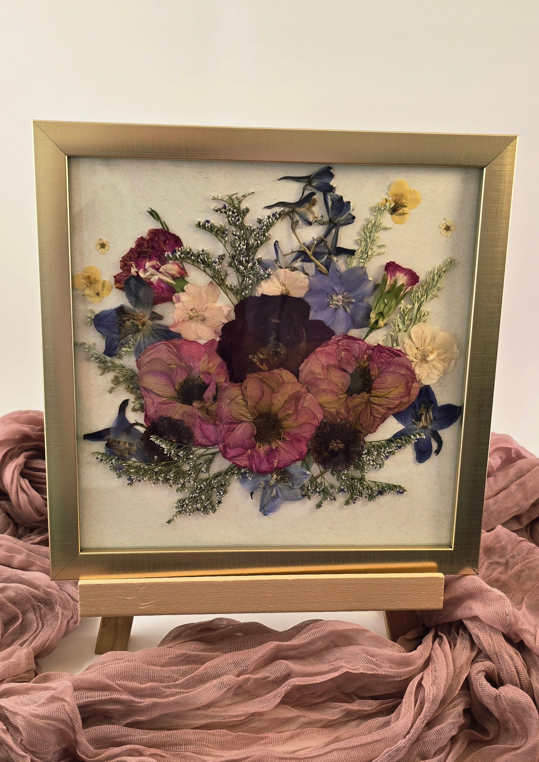 Pressed Flower Spring Bouquet | 8×8 Framed Botanical Art in Gold