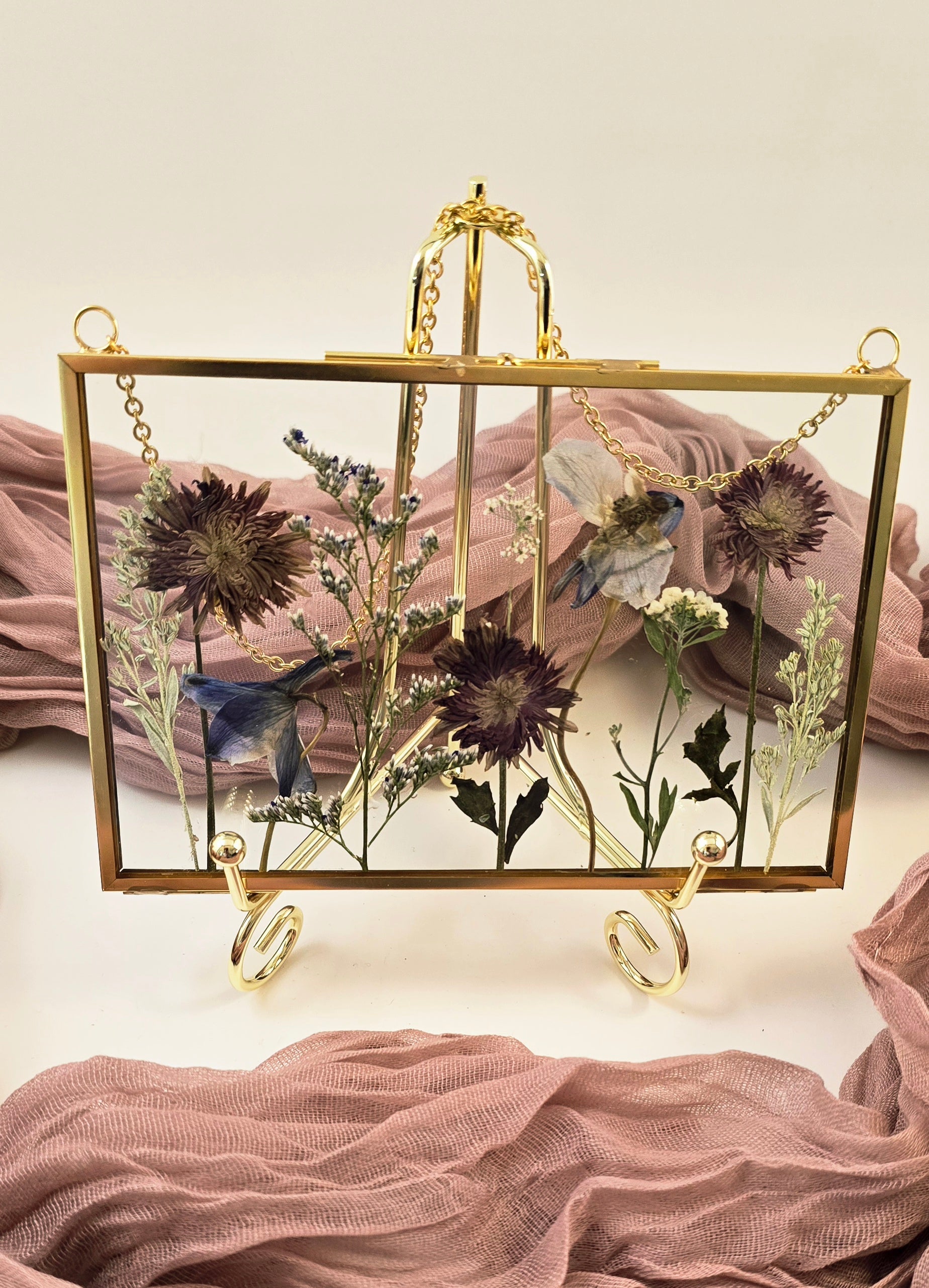 Pressed Flower Meadow Scene | 4×6 Framed Botanical Art in Gold