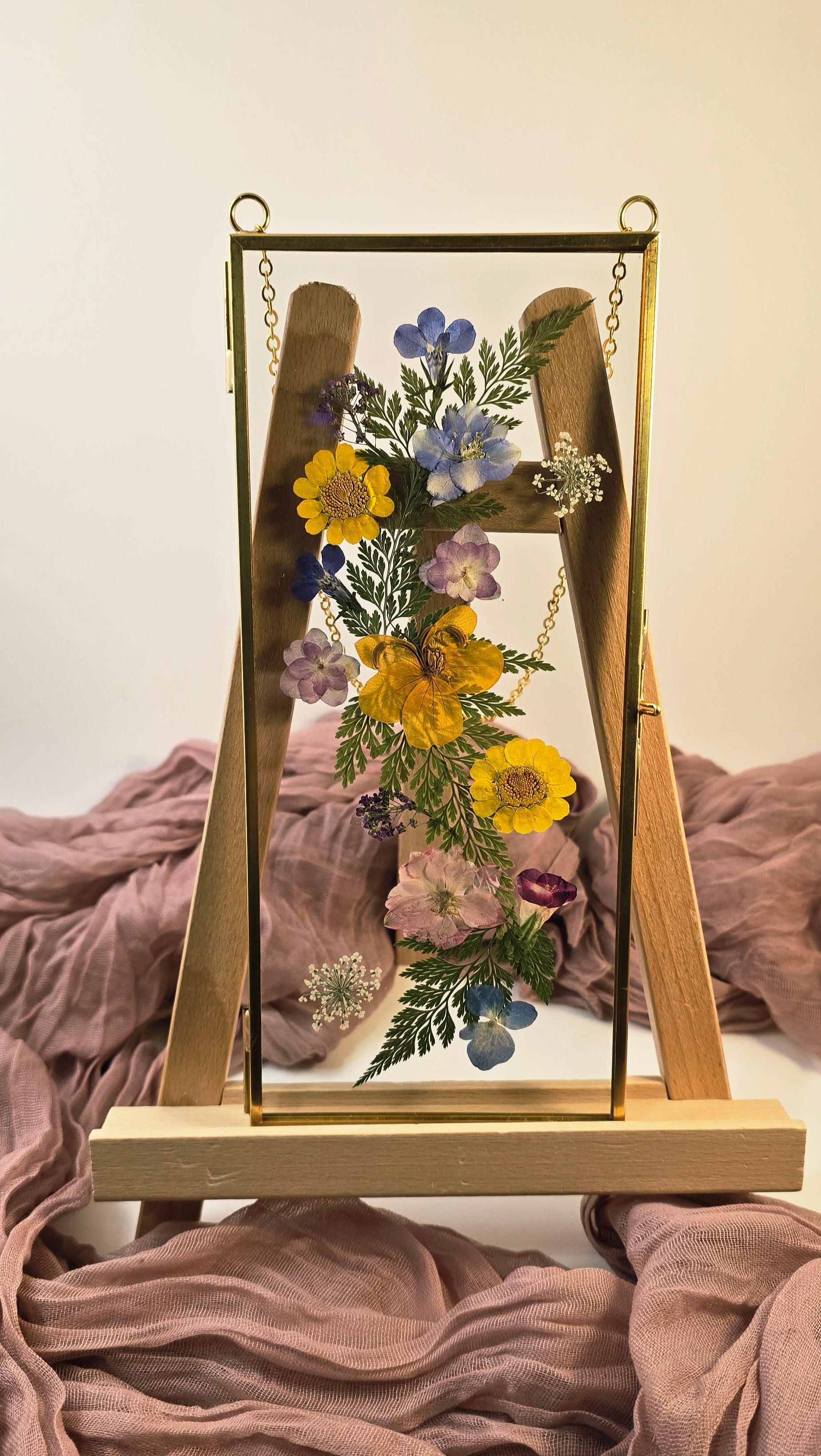 Dried Floral Scroll-Work Slim Bouquet | 4×10 Framed Botanical Art in Gold