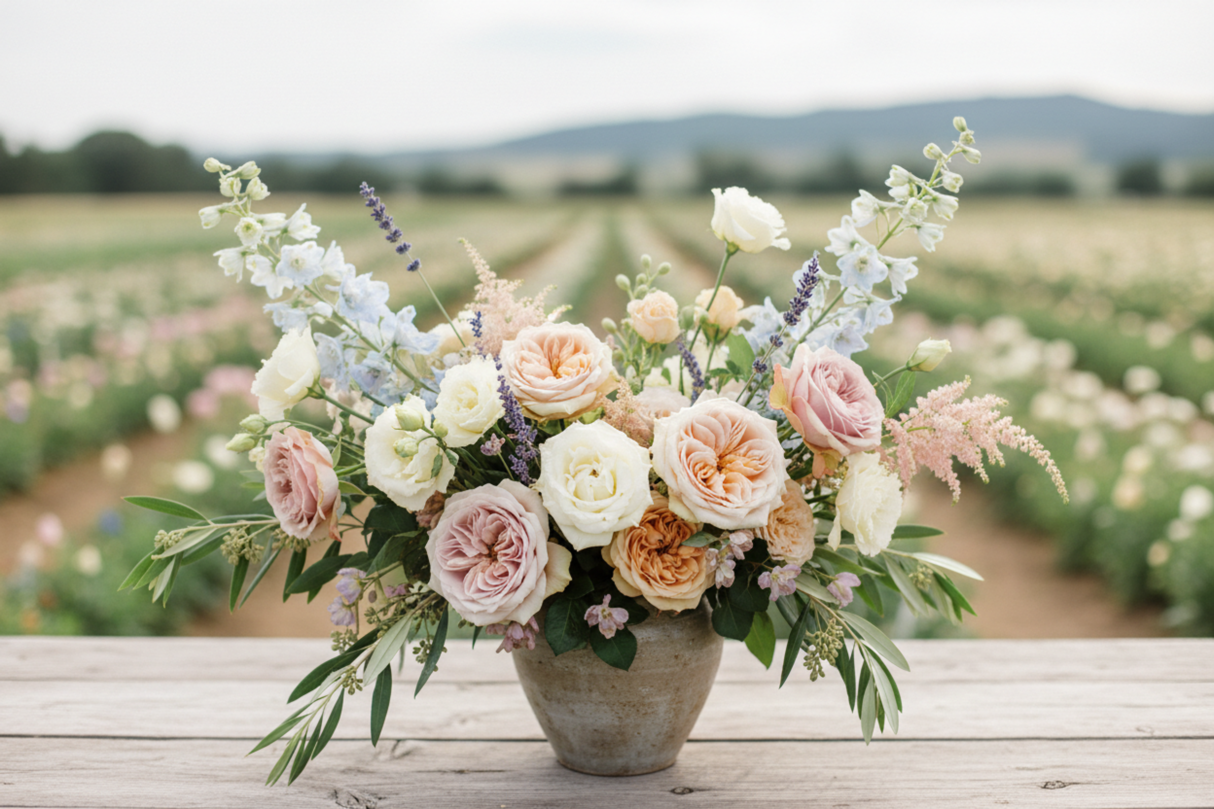 Floral arrangement in a vase on a wooden surface with a blurred field background