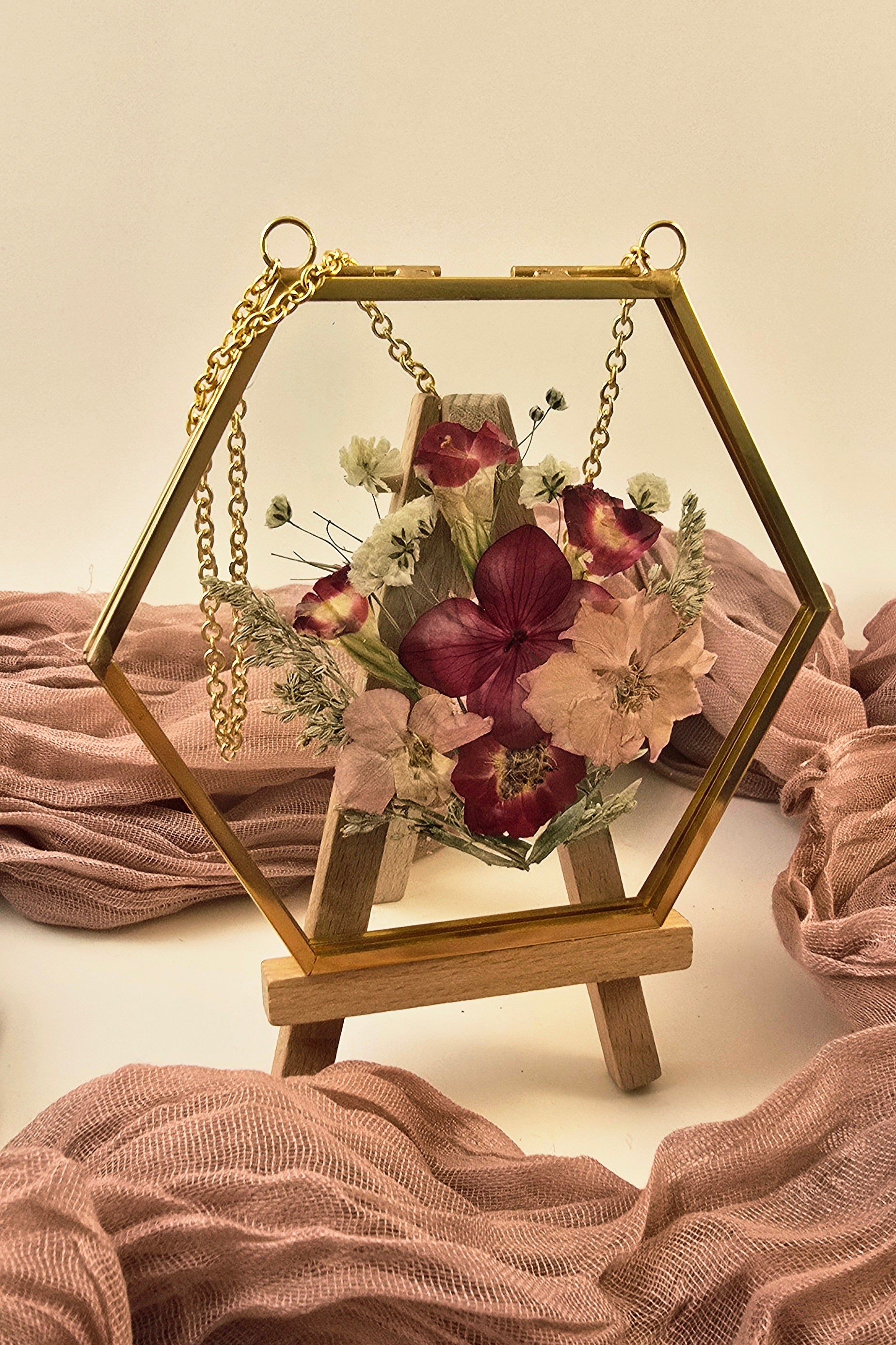 Pressed Flower Romantic Bouquet | 4×4 Framed Botanical Art in Gold